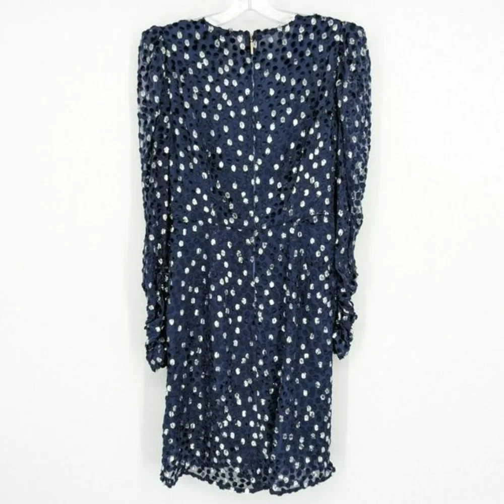 Kate Spade Scatter Dot Dress 6 Navy Silver Faux Wrap Ruffle Velvet Long Sleeve